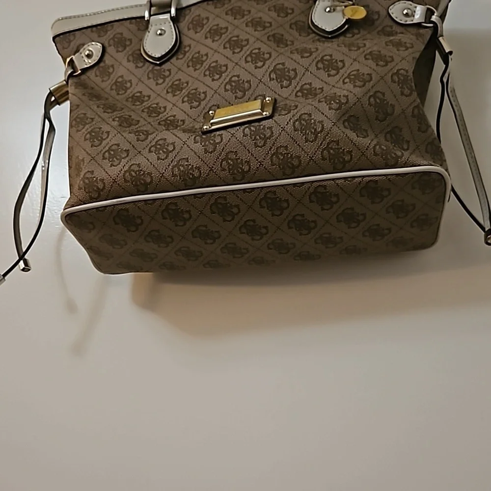 VTG GUESS 1990s Brown Cream Trim Logo Monogram Reama Tote Bag